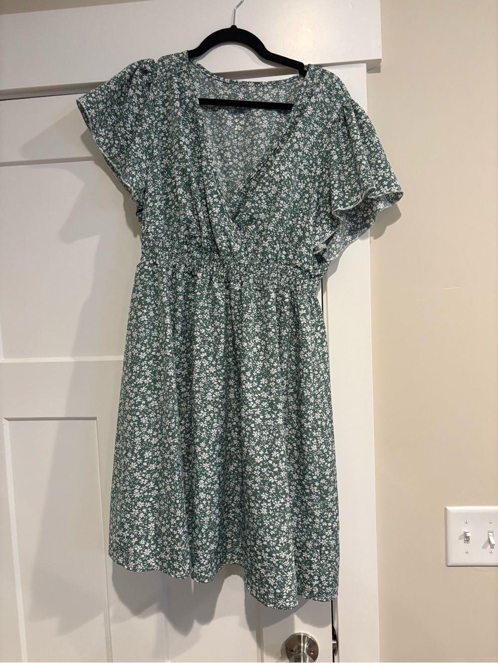 Green Floral Wrap Mini Dress with Flutter Sleeves